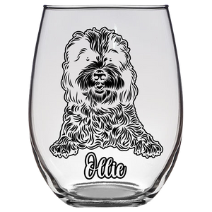 Ollie Sheepadoodle Dog Stemless Wine Glass