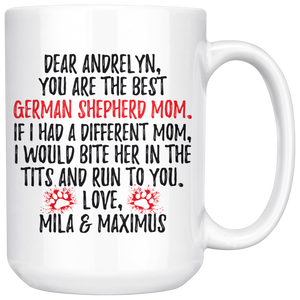 Personalized German Shepherd Dog Mila & Maximus Mom Andrelyn Coffee Mug (15 oz)