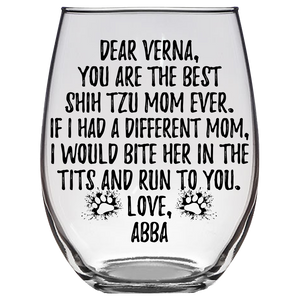 Shih Tzu Dog Abba Mom Verna Stemless Wine Glass