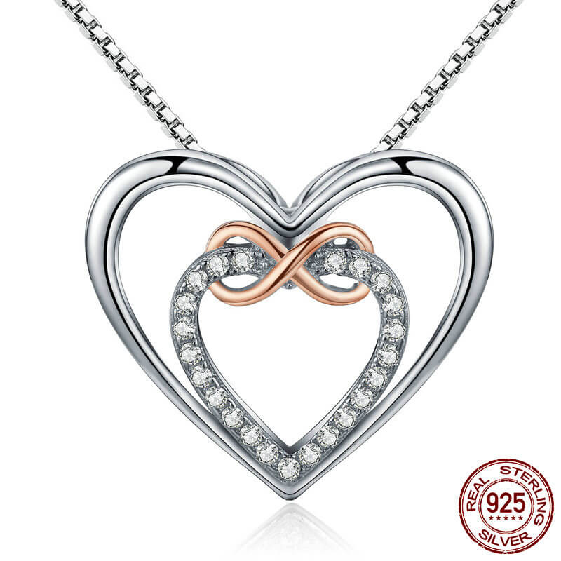 Luxury 925 Sterling Silver Heart & Key Pendant Necklace All Silver Two Hearts