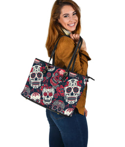 Sugar Skull Red White Grey Big Leather Tote Bag Christmas Birthday Gift