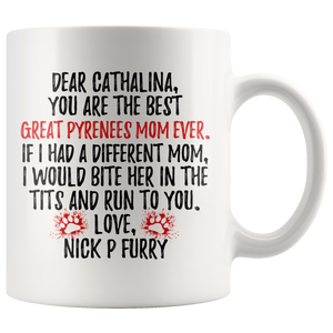 Personalized Great Pyrenees Dog Nick P Furry Mom Cathalina Coffee Mug (11 oz)